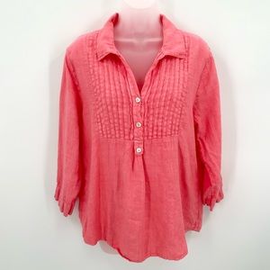 HOT COTTON Linen Blouse S Womens Pink Pintuck Pullover Top 3/4 Sleeve Popover
